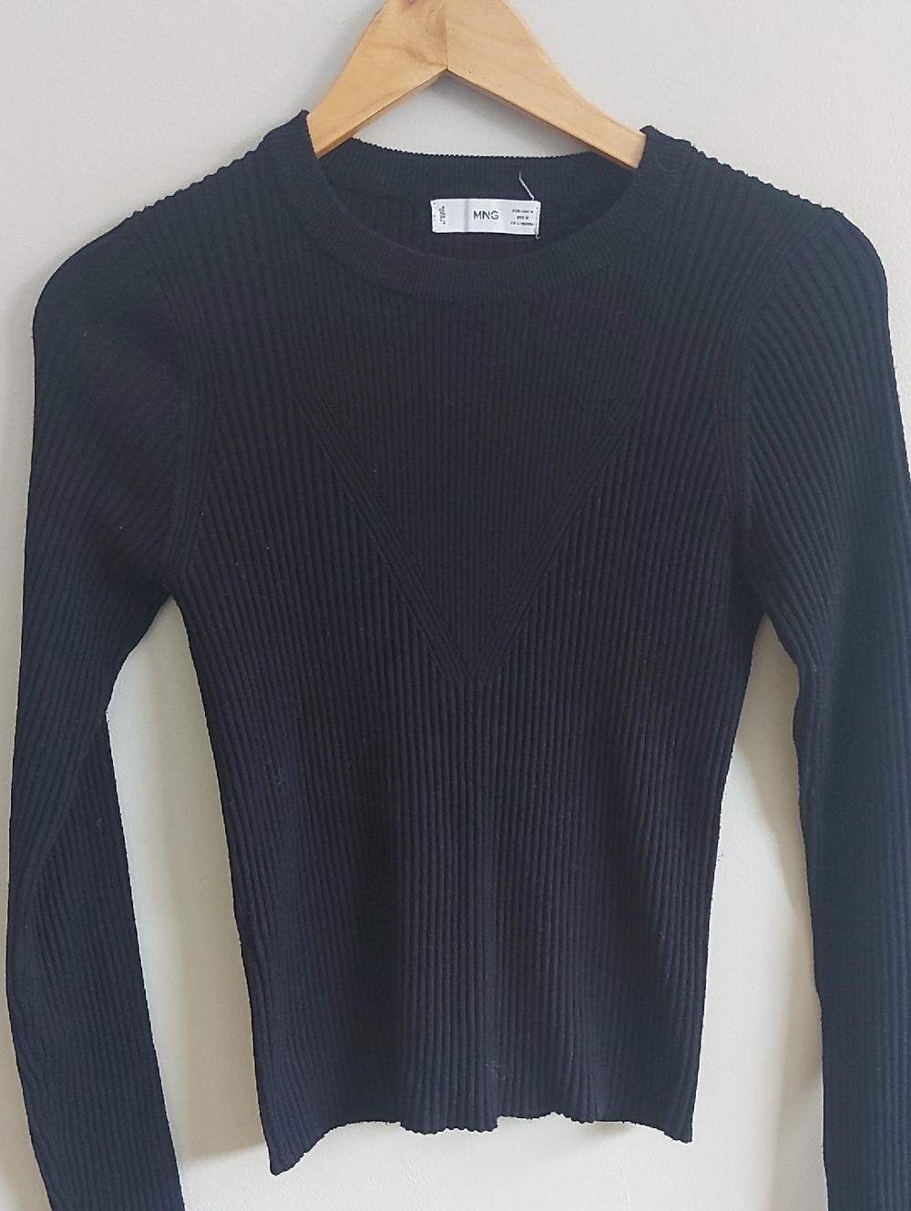 Mango Black Ribbed Crewneck Sweater with V-Knit Detail